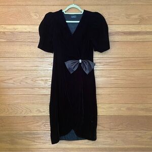 Vintage 80s Cachet black velvet bow wrap dress